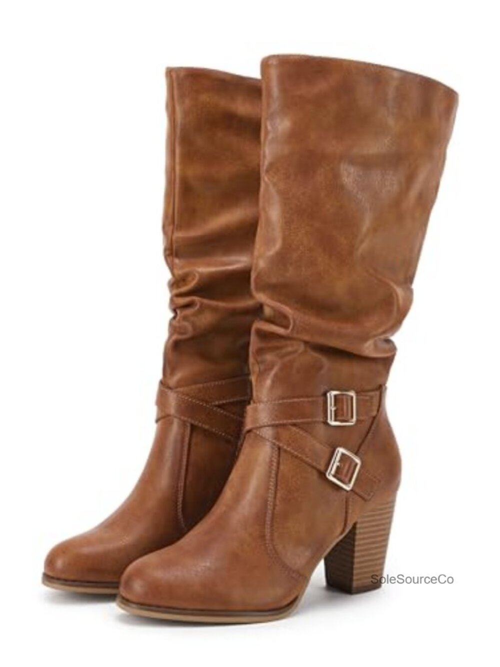 Mid Knee High Faux Leather Boots Chunky Heel Slouchy Metal Buckle Side Zipper